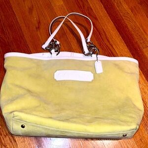 Coach large green suede and white patent leather tote shoulder bag